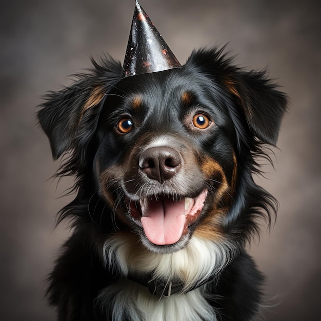 Cachorro feliz sorridente com chapéu de festa na cabeça gerado por IA