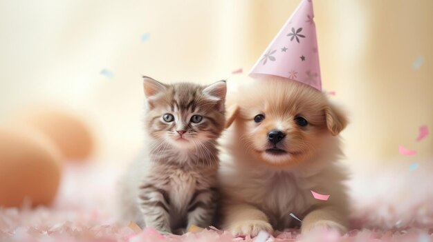 Cachorro feliz usando chapéu e conceito de aniversário de gatinho