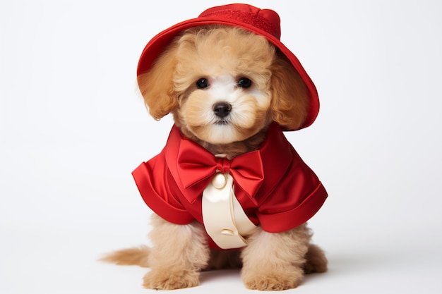 Cachorro fofinho e bonito com um traje de senhora vermelha com chapéu