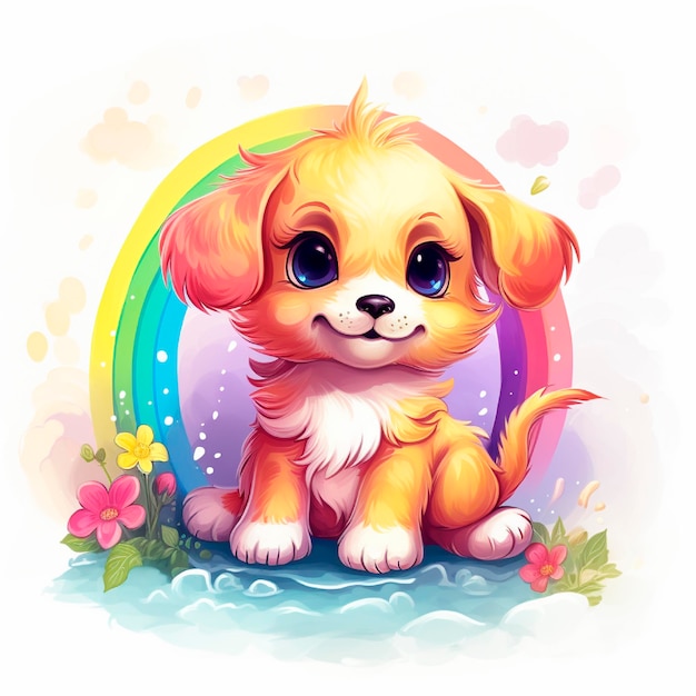 Cachorro fofo aquarela com arco-íris