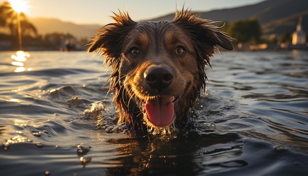 Cachorro fofo brincando na água desfrutando do verão ao ar livre gerado por inteligência artificial