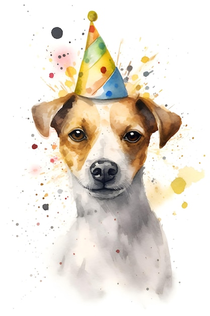 Cachorro fofo com chapéu de aniversário em fundo branco Generative AI 1