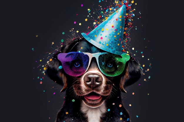 Cachorro fofo com chapéu de festa e conceito de óculos de sol de aniversário generative ai