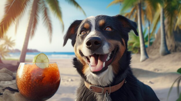 Cachorro fofo com coquetel relaxando na praia perto das férias de verão do mar com animal de estimação generativo ai