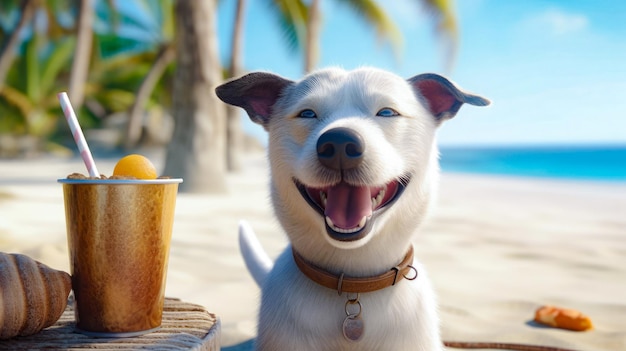 Cachorro fofo com coquetel relaxando na praia perto do mar Férias de verão com animal de estimação Generative AI