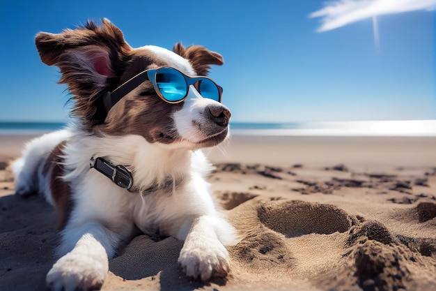 Cachorro fofo com óculos de sol na praia Conceito de viagens e férias Generative AI