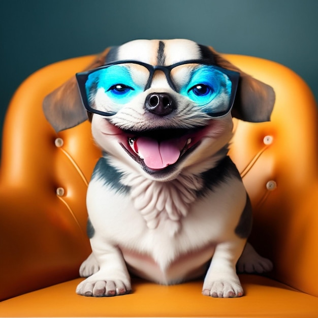 Cachorro fofo correndo e rindo e usando óculos e sentado em uma cadeira