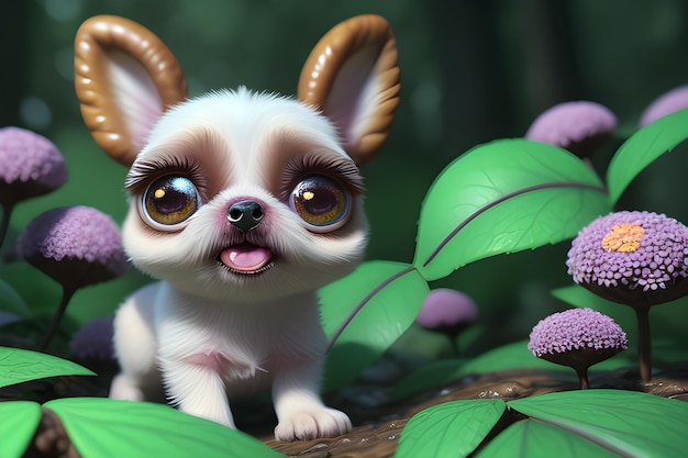 Cachorro fofo de desenho animado com olhos grandes, orelhas pequenas, floresta mágica, segurando noz mágica AI Generative