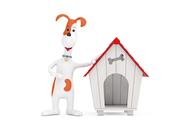 Cachorro fofo de desenho animado com renderização em 3d de casinha de cachorro de madeira