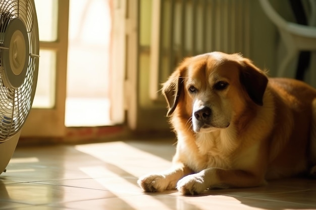 Cachorro fofo deitado no chão em casa em um dia quente, esfriando sob o calor do verão do ventilador gerado por IA