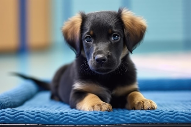 Cachorro fofo deitado no tapete de resfriamento em dia quente em casa AI Generated