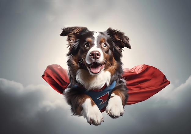 Foto cachorro fofo disfarçado de supercão super-herói voando nas nuvens com uma capa vermelha generative ai