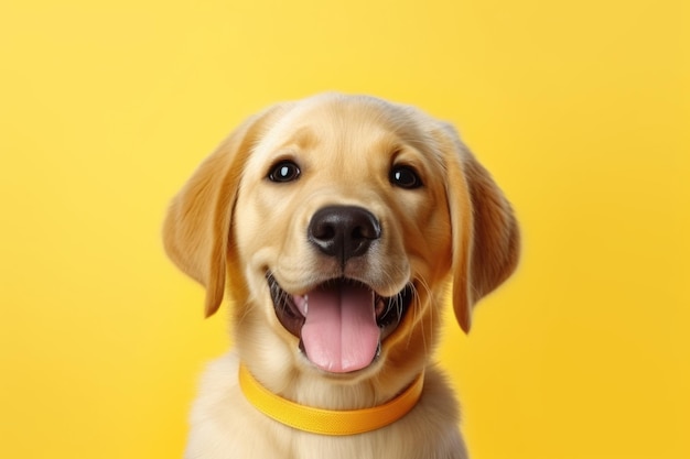 cachorro fofo e feliz em fundo amarelo gerado por IA