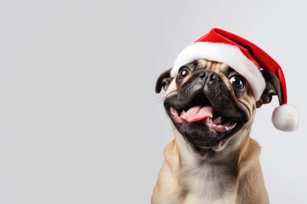 cachorro fofo e feliz usando chapéu de Papai Noel em fundo branco gerado por IA