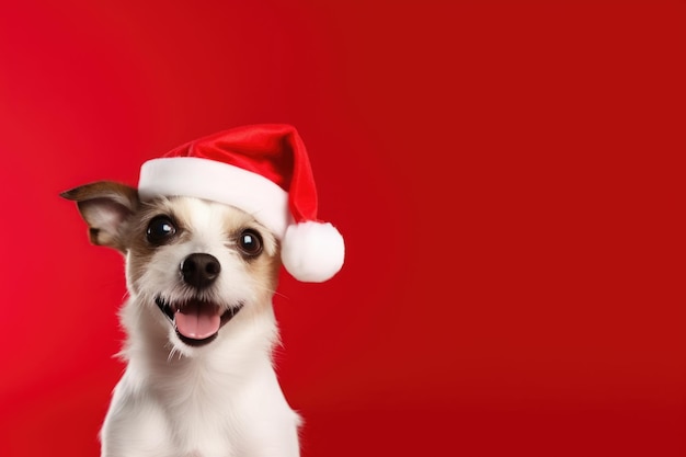 cachorro fofo e feliz usando chapéu de Papai Noel em fundo vermelho gerado por IA