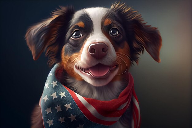 Cachorro fofo embrulhado na bandeira americana parecendo feliz AI