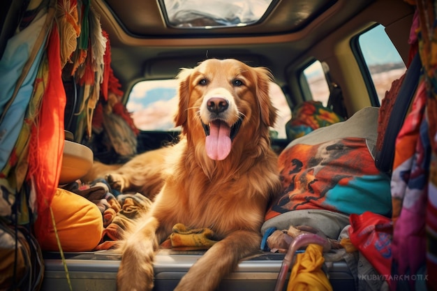 Cachorro fofo está pronto para viajar de carro Viagem com animal de estimação nas férias de verão