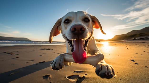 Cachorro fofo feliz correndo no papel de parede ensolarado da praia do mar Arte gerada por IA