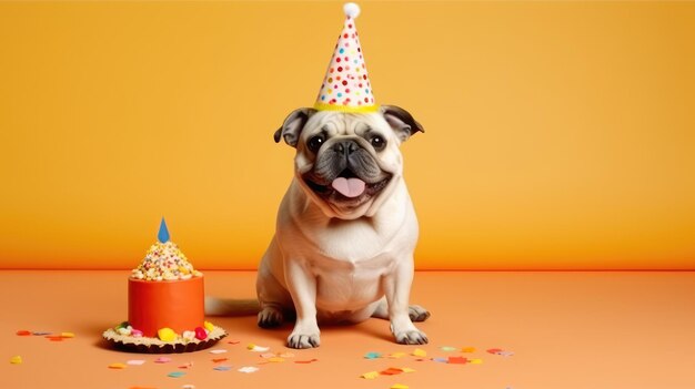 cachorro fofo, feliz e engraçado, usando chapéu de festa comemorando aniversário IA generativa