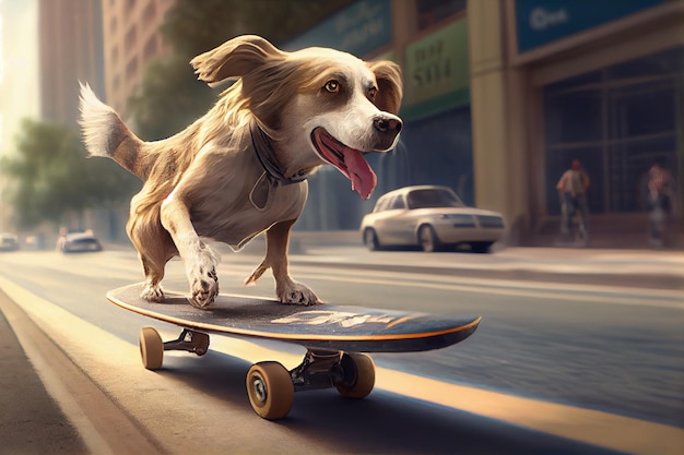 Cachorro fofo jogando skate na estrada