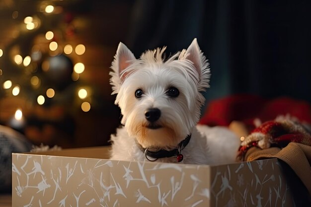 Cachorro fofo olhando para fora da caixa de presente Animal de estimação como presente Generative AI