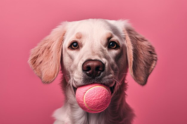 Cachorro fofo segurando uma bola rosa na boca isolada em fundo rosa