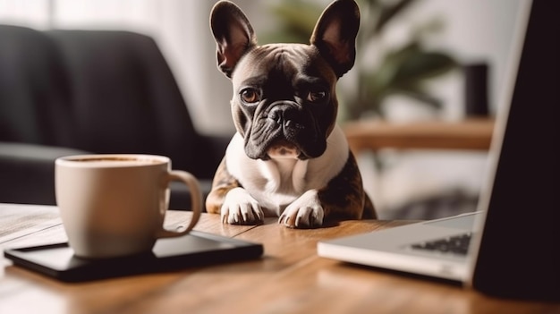 Cachorro fofo trabalhando no laptop com imagem de xícara de café Arte gerada por IA