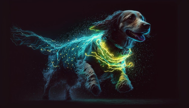 Cachorro fofo usando luzes de cores neon na IA generativa da noite escura