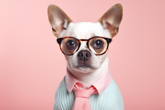 Foto cachorro fofo usando óculos e roupas da moda em fundo pastel