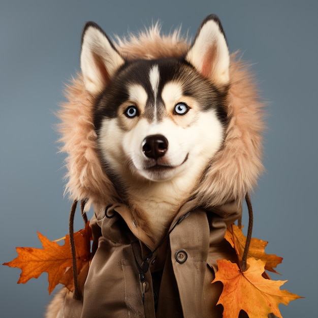 Cachorro fofo vestido com roupas de inverno pronto para o outono