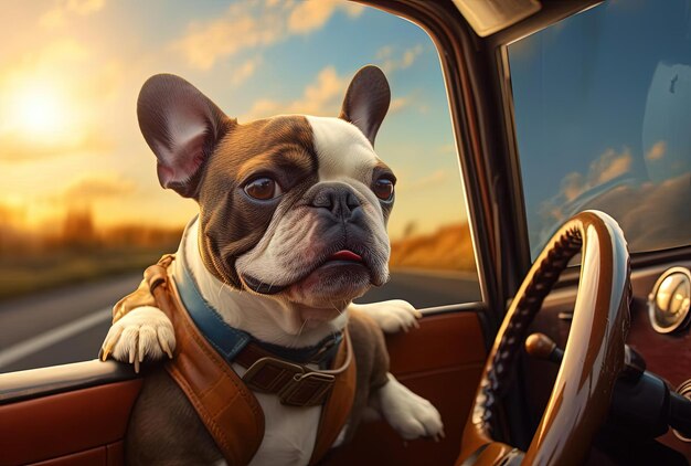 cachorro fora do banco do motorista no carro no estilo âmbar claro e azul celeste