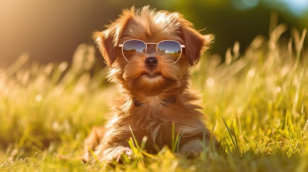 Un cachorro con gafas de sol se sienta en la hierba