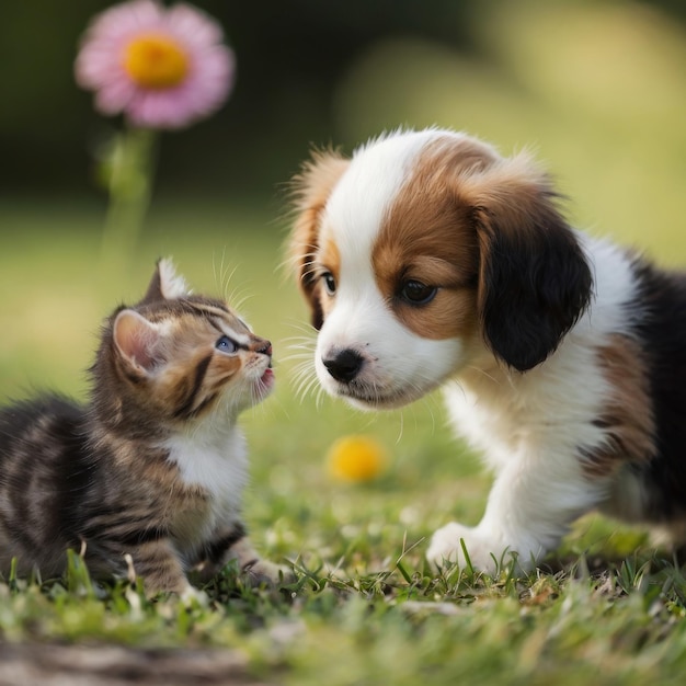 un cachorro y un gatito están jugando en la hierba