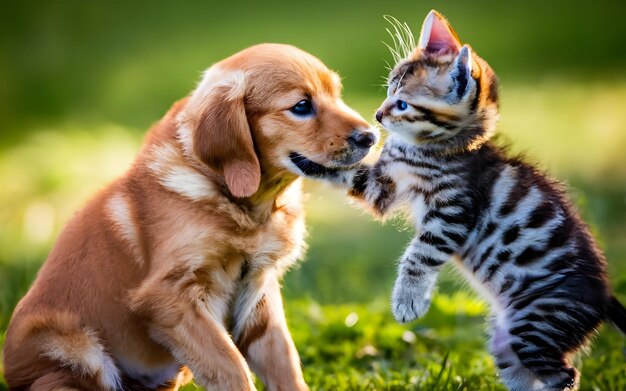 un cachorro y un gatito juegan juntos.