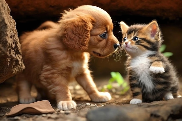 Cachorro y gatito jugando juntos mostrando su mezcla única de personalidades