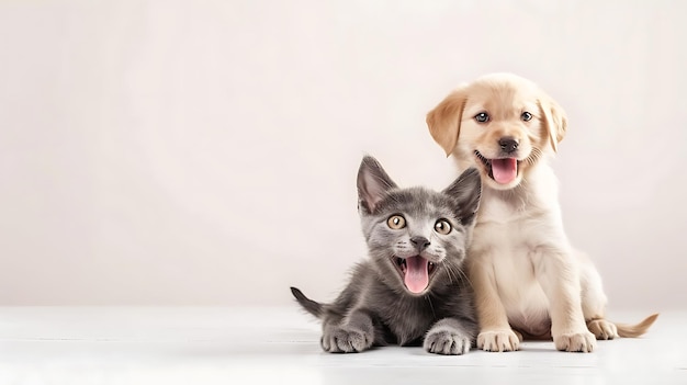 Un cachorro y un gatito lindos sentados en un fondo blanco con espacio para copiar