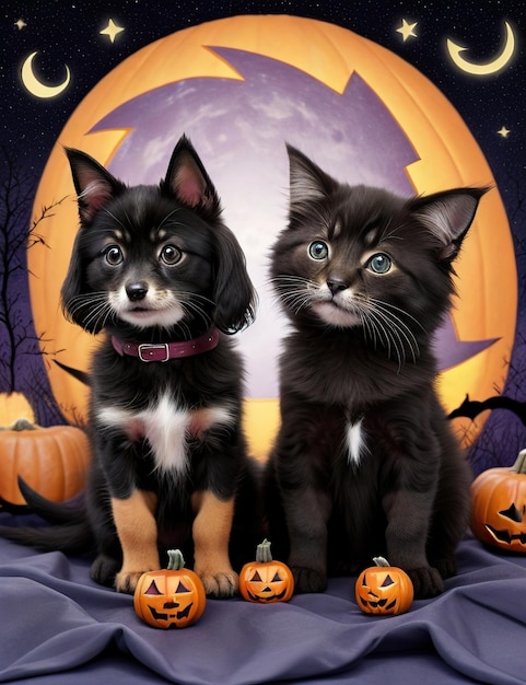 Foto un cachorro y un gatito en la noche de halloween