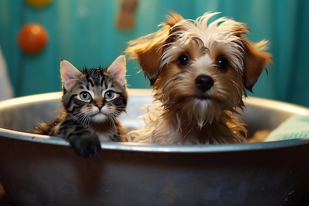 Un cachorro y un gato juguetones en una bañera de IA