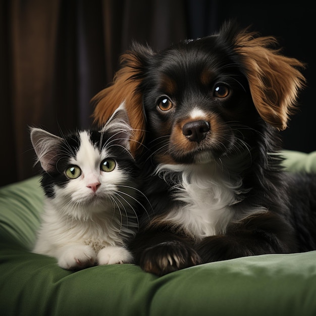 Un cachorro y un gato sentados en un cojín verde generativo ai