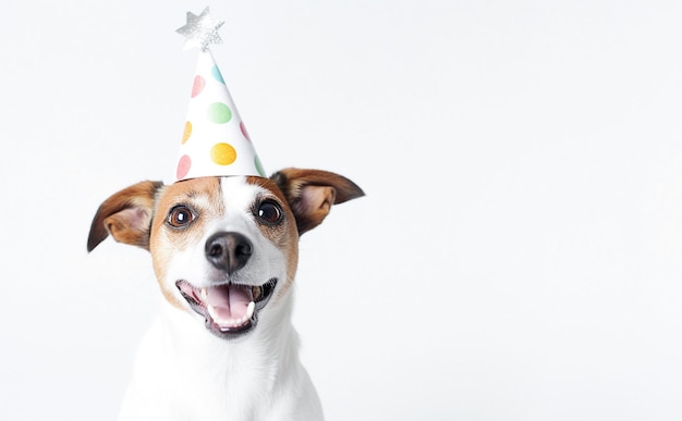 Cachorro generativo AI Jack russell en sombrero de cumpleaños sobre un fondo blanco