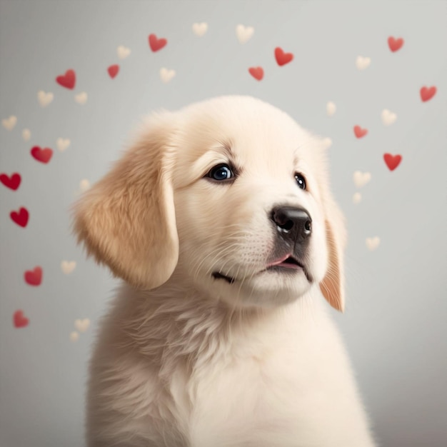 Cachorro generativo ai muy lindo y romántico aislado en el fondo de los corazones