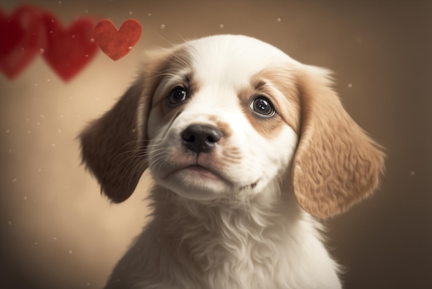 Cachorro generativo ai muy lindo y romántico aislado en el fondo de los corazones