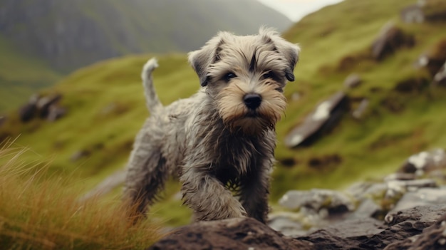 Foto un cachorro de glen of imaal terrier explorando una remota ladera que muestra su naturaleza aventurera