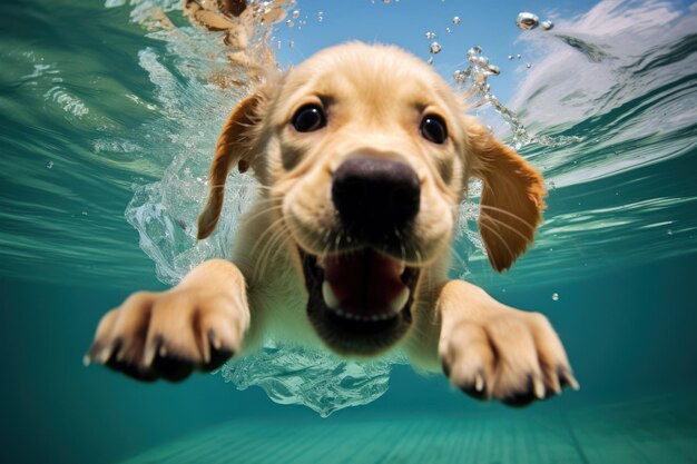 Cachorro golden labrador retriever jugando y entrenando bajo el agua