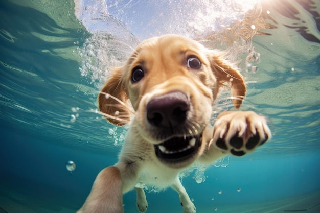 Cachorro golden labrador retriever jugando y entrenando bajo el agua