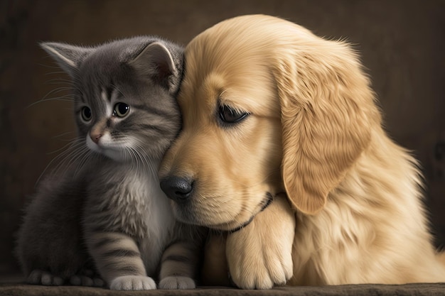 Un cachorro golden retriever abraza a un gato británico