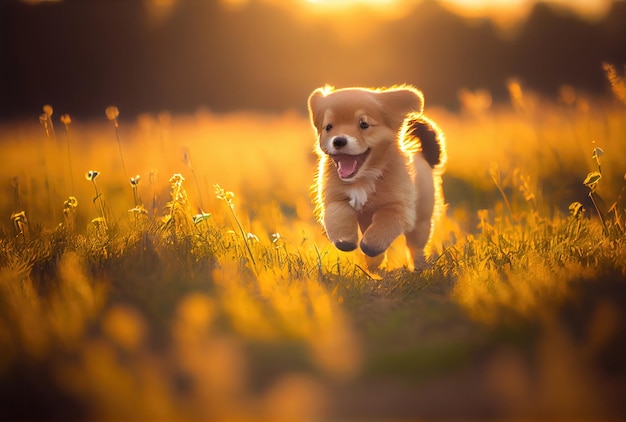 Cachorro Golden Retriever bonitinho e feliz correndo no prado sobre o fundo dourado da luz do sol IA generativa