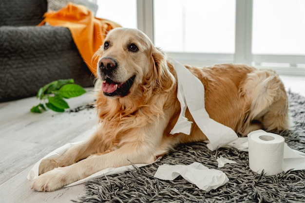Cachorro golden retriever brincando com papel higiênico