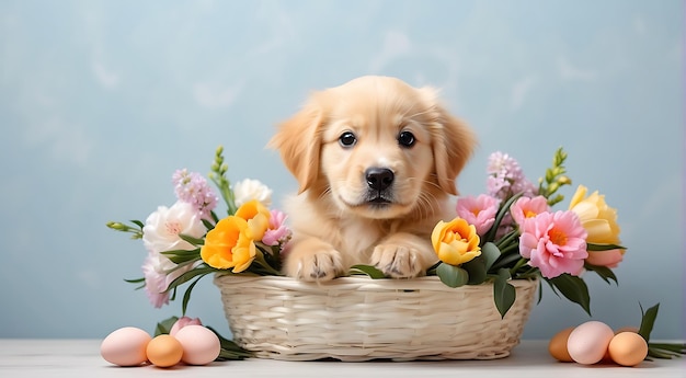 Cachorro Golden Retriever com flores e ovos de Páscoa copia o fundo do espaço