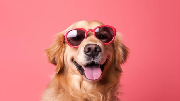 Cachorro Golden Retriever com óculos escuros de cor de fundo IA generativa